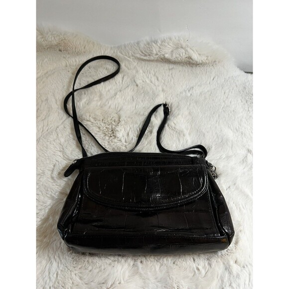 Vtg 90s Y2K Brighton Black Leather Crocodile Embossed Shoulder Bag Wallet Pocket - Picture 1 of 13